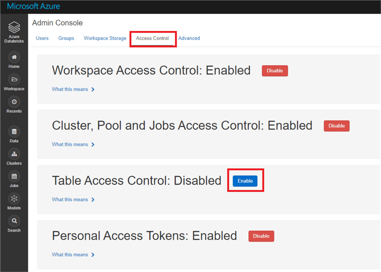 Screenshot of the actual button to enable Table access control.