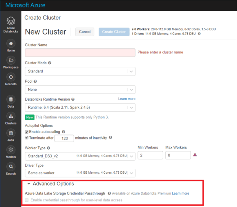 Shows the setting to enable active directory credential passthrough when creating a Databricks cluster.