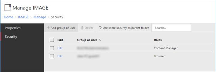 The screenshot shows the security page of the IMAGE folder. 
