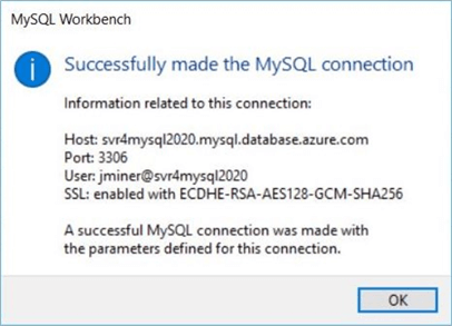 Azure Database for MySQL - Successful connection to database service.