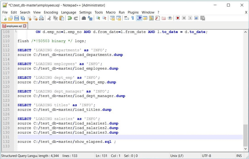 Azure Database for MySQL - Editing the SQL dump script for the employees database.