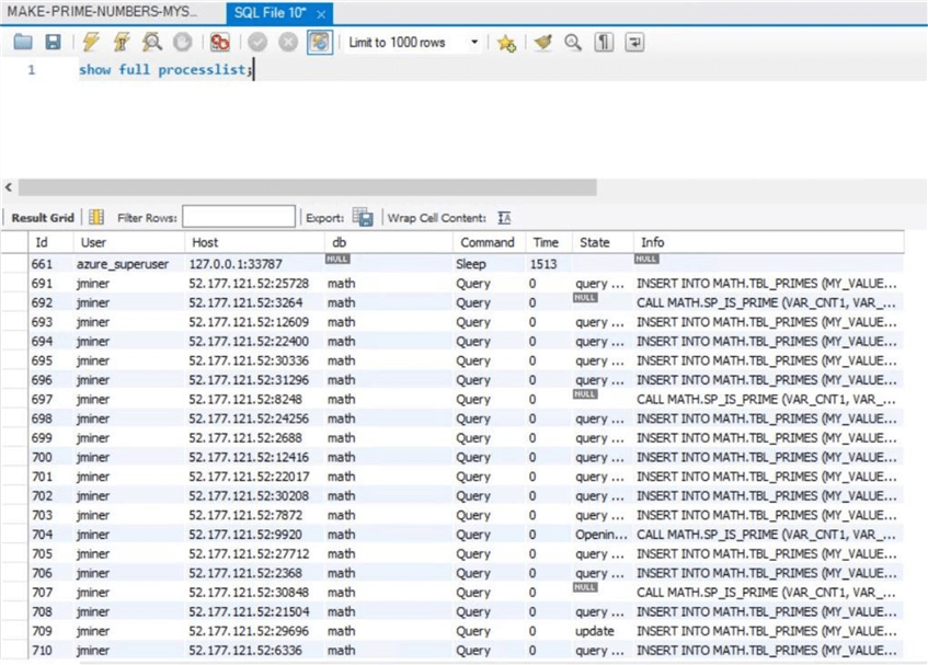 Azure Database for MySQL - The show full process list reveals the details behind execution.