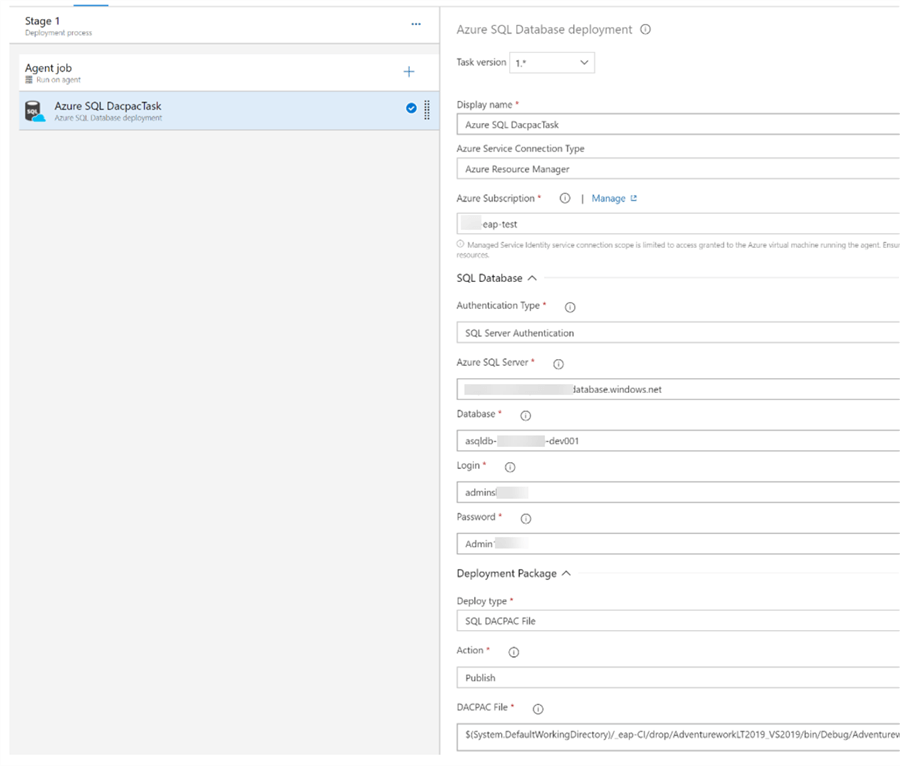 DacpacParams Populate the necessary Azure SQL Database deployment parameters.