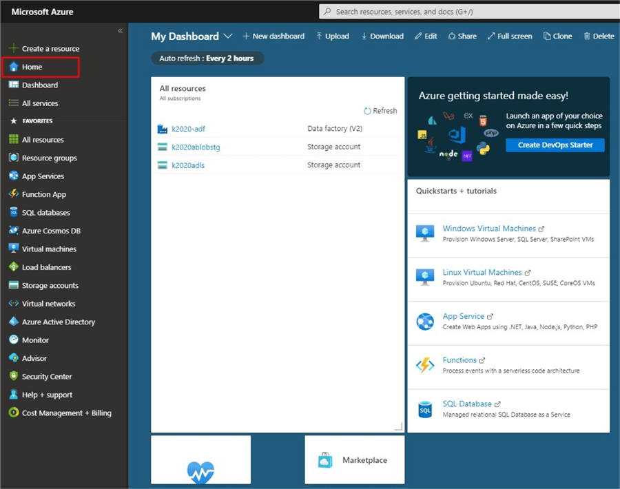 Snapshot of Azure home page