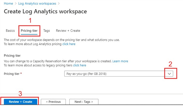 Snapshot showing how to setup pricing tier for a new Log Analytics workspace
