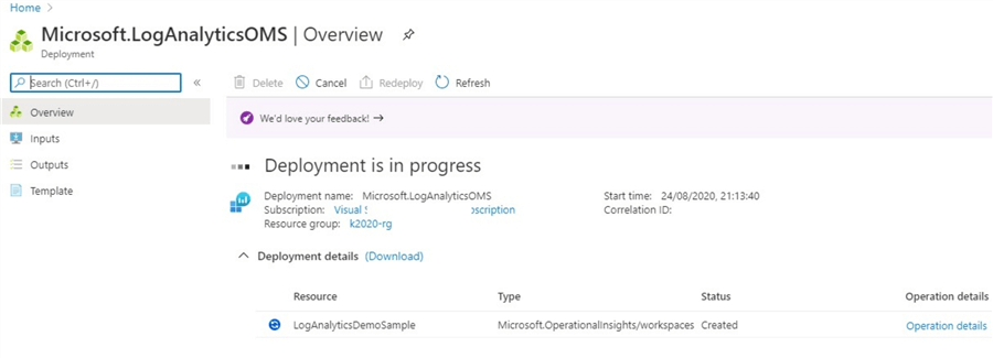 Snapshot showing new Log Analytics workspace deployment is in progress