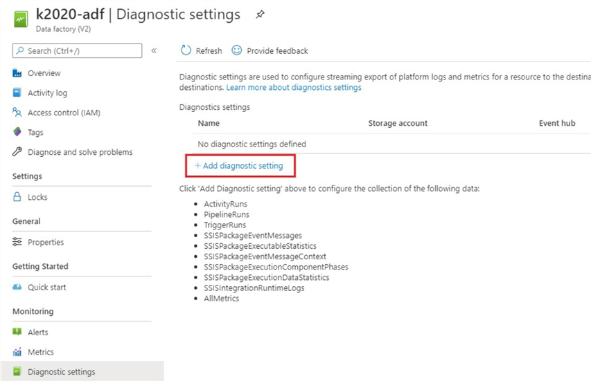 Snapshot showing how to configure diagnostic settings for a resource.