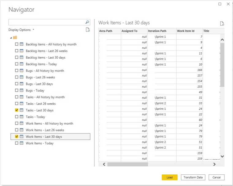 Screenshot showing how to connect to individual Analytics Views within Power BI