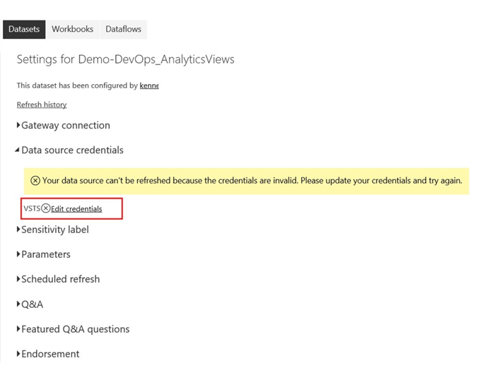 Screenshot showing error message for data source credentials