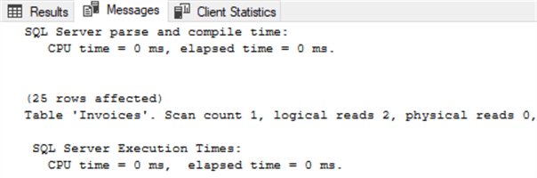This screenshot shows the output of STATISTICS TIME and STATISTICS IO as spelled out in the paragraph above the image.