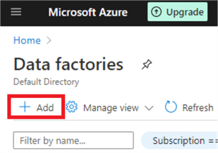 Shows the Add button for creating a new Data Factory