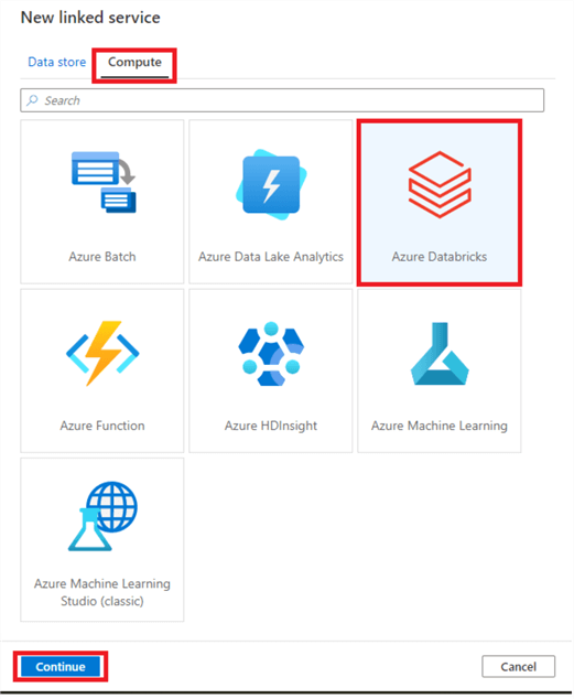 Shows the new Linked Service menu, and where to click to select Compute and Azure Databricks.