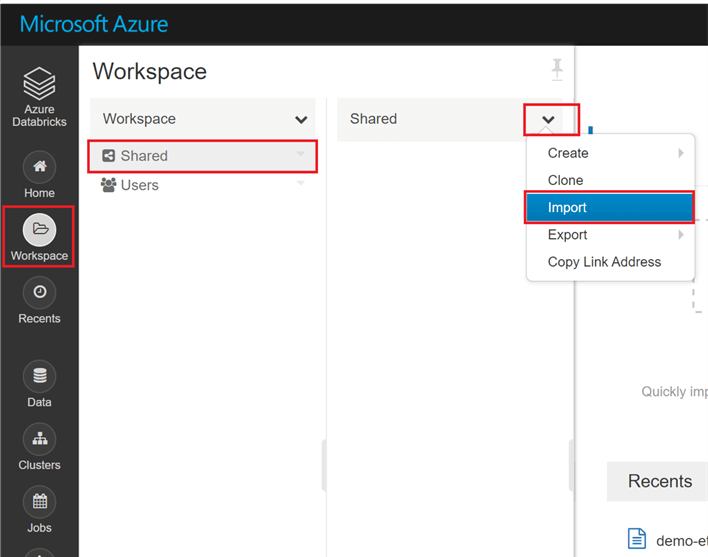 Shows the Databricks Workspace menu to import a new notebook.  Click Workspace, Shared, the carrot next to shared, and then import. 