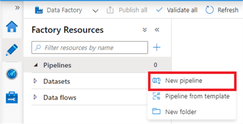 Shows the create new pipeline button for creating a new pipeline. 