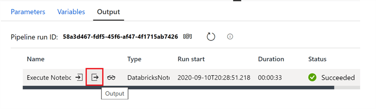 Shows how to click the output button to see the outputs that came from the Databricks job.