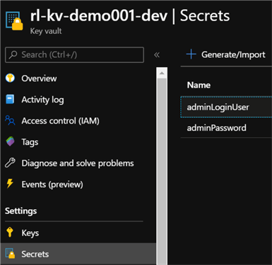 KeyVaultSecrets Confirming Key Vault Secrets created