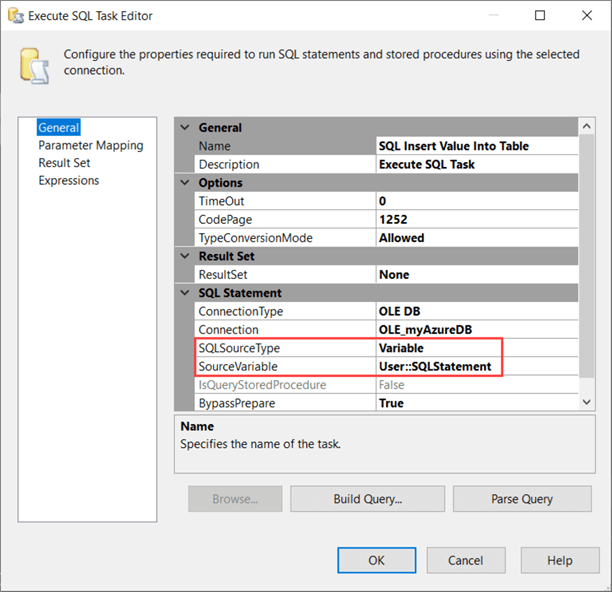 configure sql task to use variable