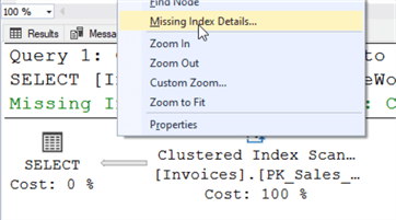 This image shows the context menu that brings up the code to create the missing index.