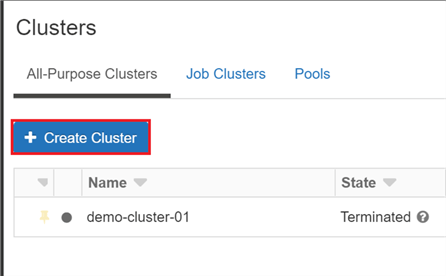 Shows the create Cluster button on the Databricks Clusters page.