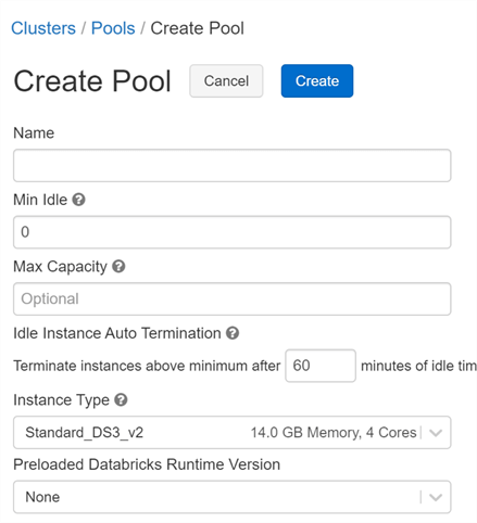 Shows the fields required for the Create Pool page in Databricks.