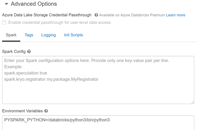 Shows the Advanced options on the cluster creation page in Databricks.