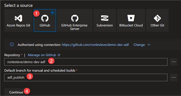 SelectBuildSource Select GitHub repo and branch for the build pipeline.