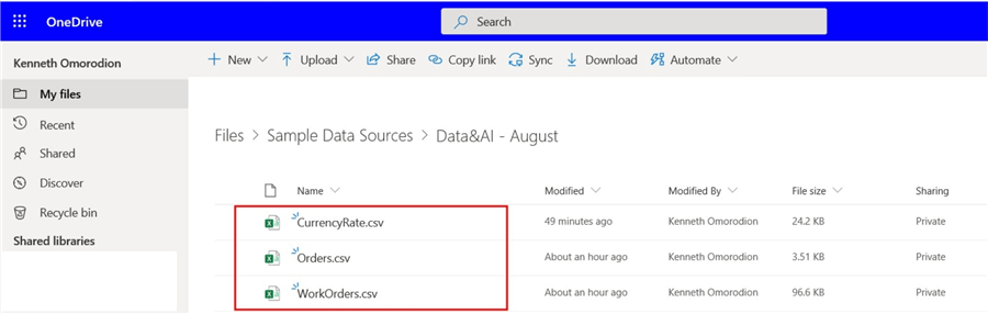 Snapshot showing csv files in OneDrive folders