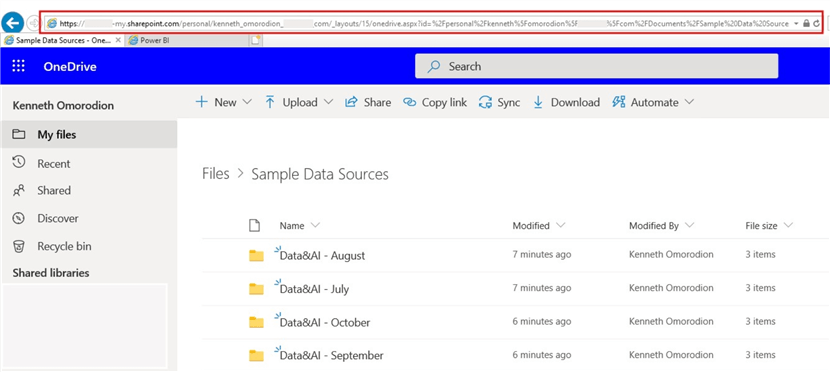 Snapshot showing where to copy the url link to OneDrive location