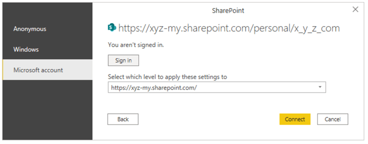 Snapshot showing connection authentication in Power BI