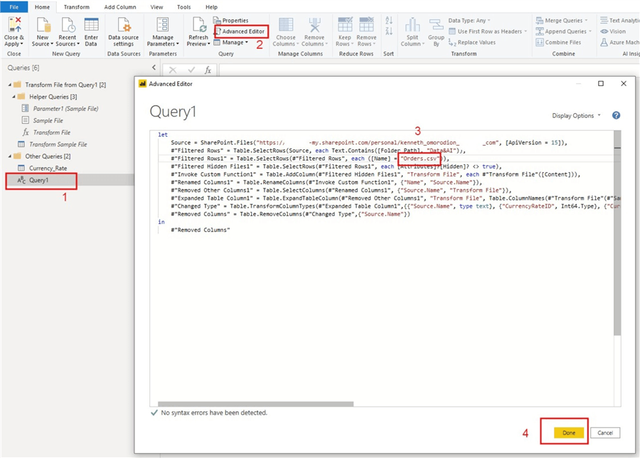 Snapshot showing how to alter the dataset being combined using the M Query