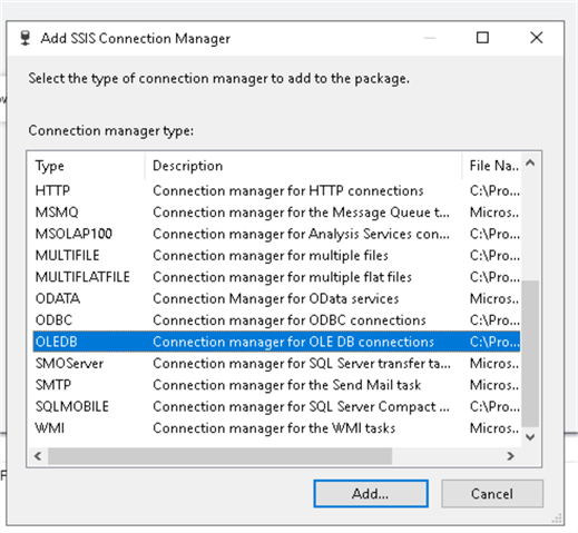 Adding SSIS connection manager