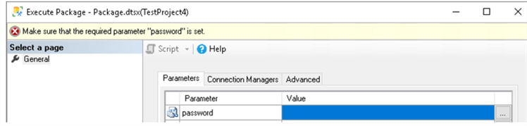 SSIS package execution prompting for parameterized password