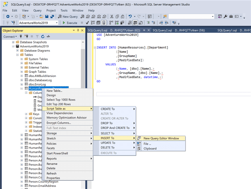 Shows SQL Server Management Studio and the path to generate an INSERT statement on an existing table.