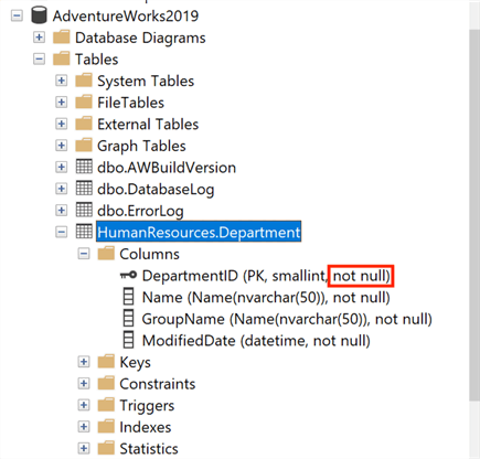Shows how check if columns are nullable or not by viewing the table definition in SQL Server Management Studio.&#xA;