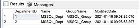 Shows the results of an insert statement where there was an IDENTITY column on the table we are inserting into, and how a second insert will automatically increment the identity column. 