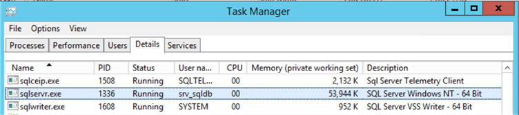 Task Manager after SQL Server service restart sqlservr.exe process only using 54 MB