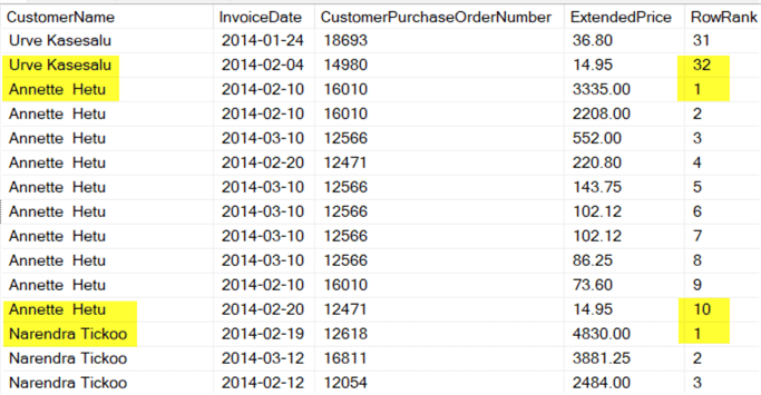 This screenshot shows how every time the customer changes, the RowRank column starts back over at one and counts up again.