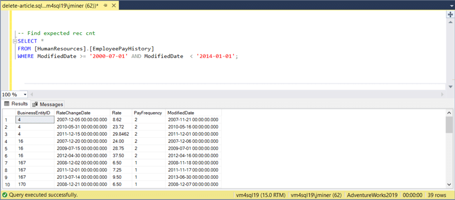 T-SQL DELETE Statement - Select historical employee pay history.