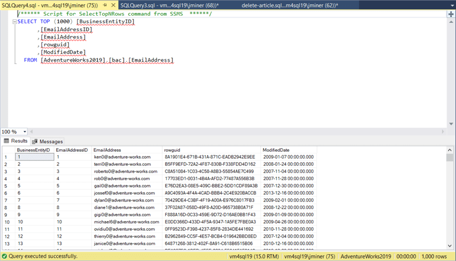 T-SQL DELETE Statement - Show the records in the table copy in the bac schema.