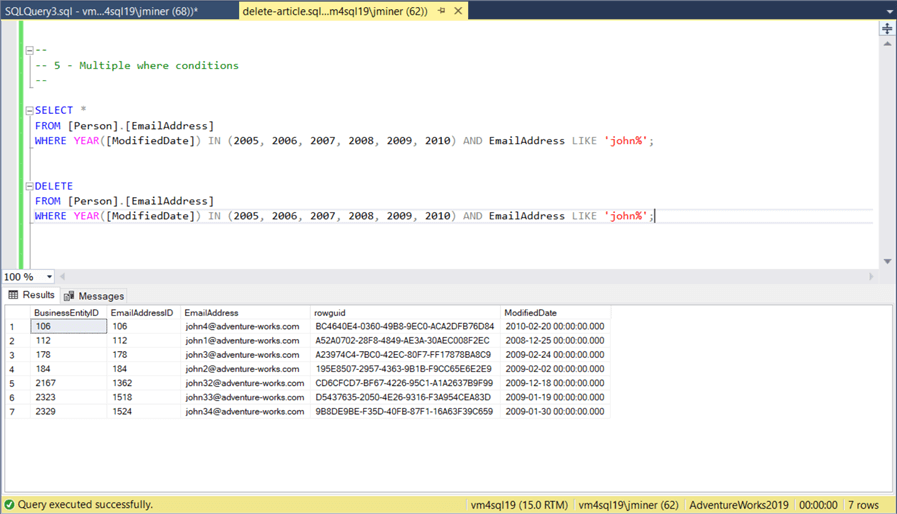 T-SQL DELETE Statement - Using multiple conditions when deleting records.