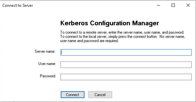 Kerberos Configuration Manager Connection Screen