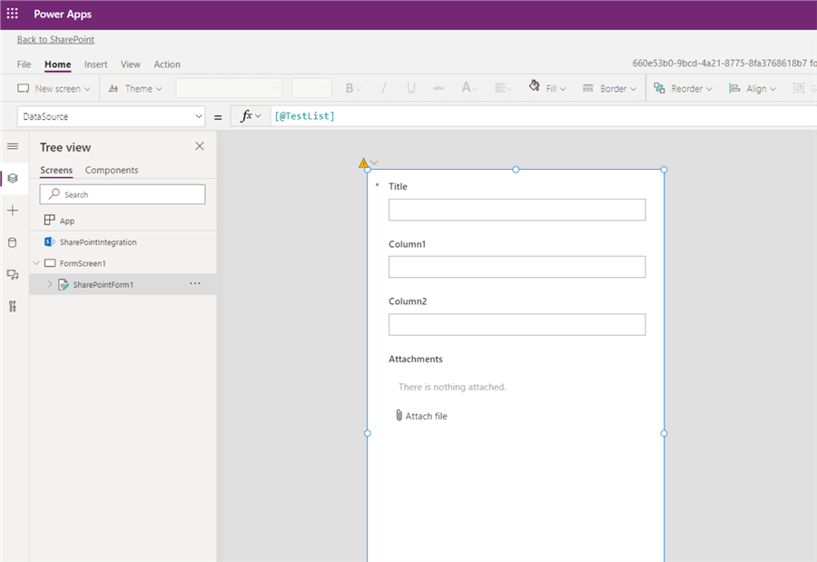The Power Apps studio with the SharePoint integration.