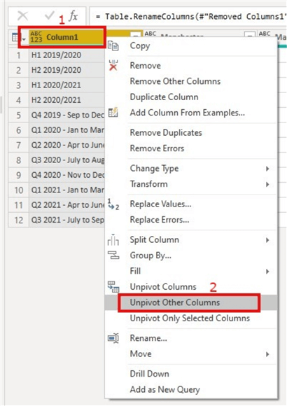 Snapshot showing how to unpivot columns in a dataset table