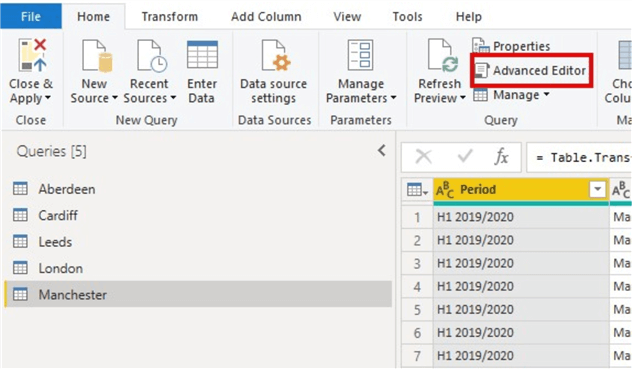 Snapshot showing how to view Advanced Editor for M queries generated