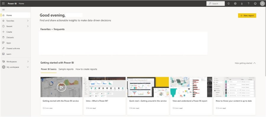 Current look of Power BI Service landing page (March 2021 look)