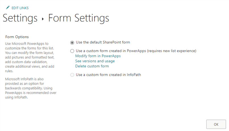 SharePoint list form settings