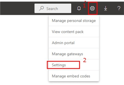 Diagram showing navigation to Settings page in Power BI Service
