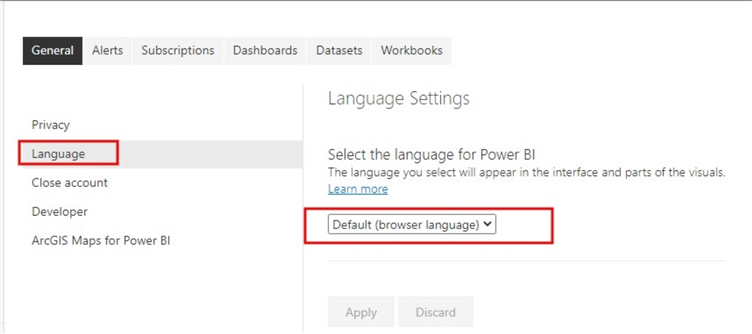 Diagram showing Settings page in Power BI Service