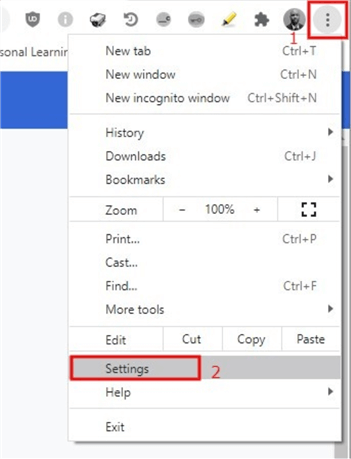 Diagram showing navigation to Settings page in in Chrome browser