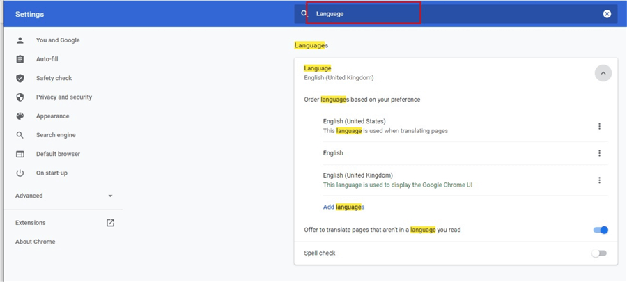 Searching for Language section of Chrome Settings page